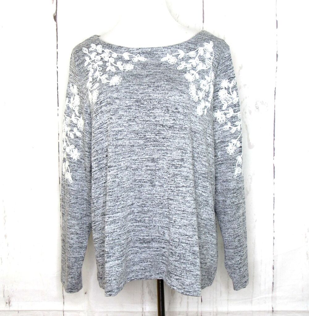 Indigo Soul Women's Pullover Sweater Lightweight Gray White Embroidery Size 2XL